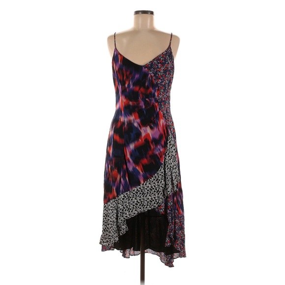 Parker Patchwork Midi Dress Floral Animal Print Silk Blend Ruffles - Picture 1 of 3